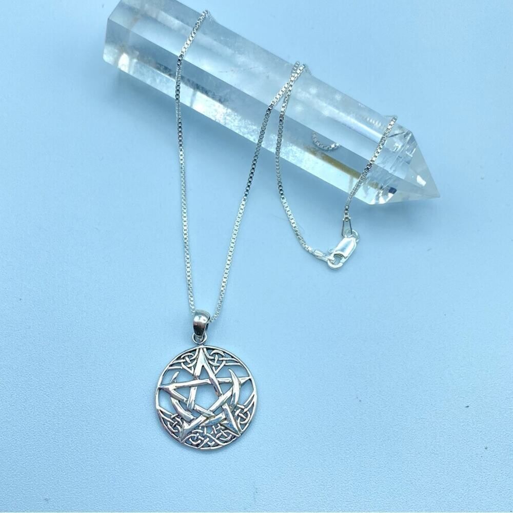 Celtic Crescent Moon Pentagram Sterling Silver Necklace